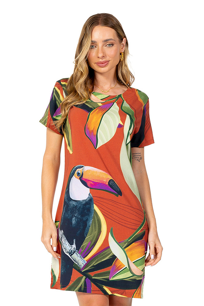 Vestido Atena Curto Tucano Folhas Verde