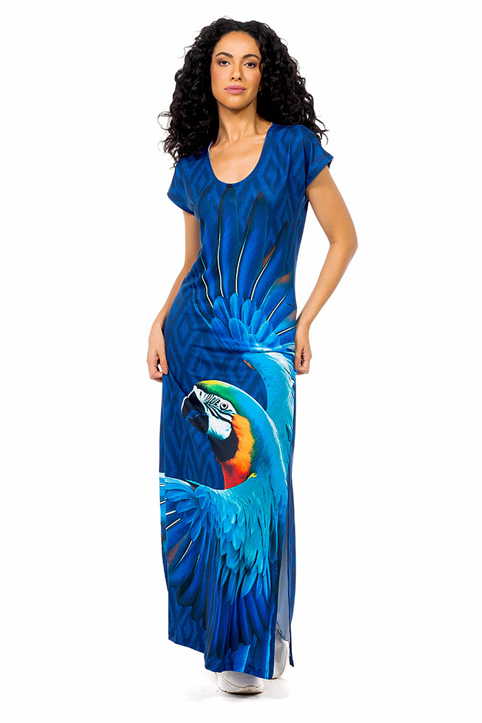Vestido Longo Jeri Maxi Arara Fundo Azul