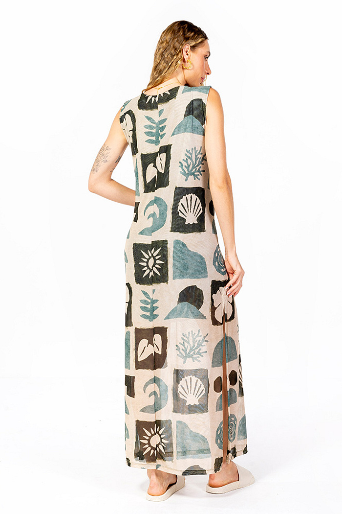 Vestido Estampado Tule Maré Oceano