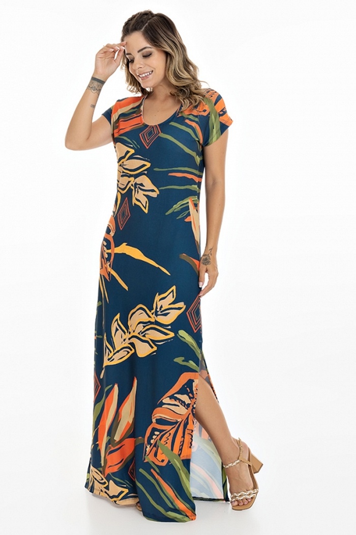 Vestido Longo Jeri Folhas Laranja