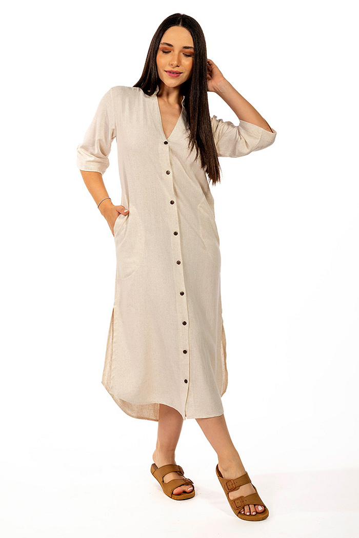 Vestido Chemise Linho Gola Padre Natural