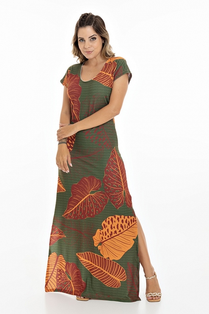 Vestido Longo Jeri Folha Vermelha Textura Verde