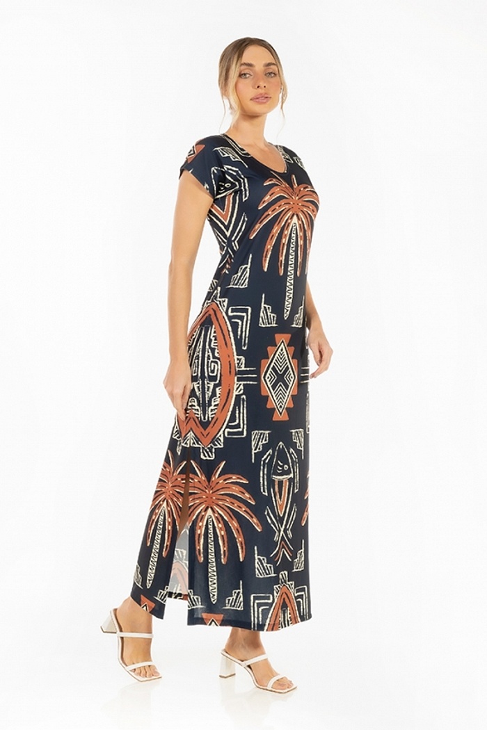 Vestido Longo Jeri Grafismo Laranja