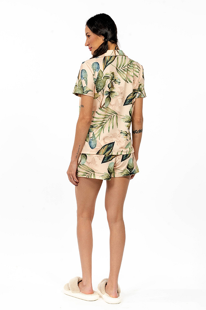 Conjunto Pijama Americano Curto Folhagens Verdes