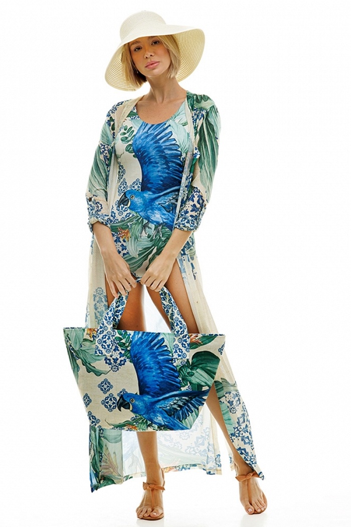 Bolsa Praia Maxi Arara Azul Fundo Azulejo