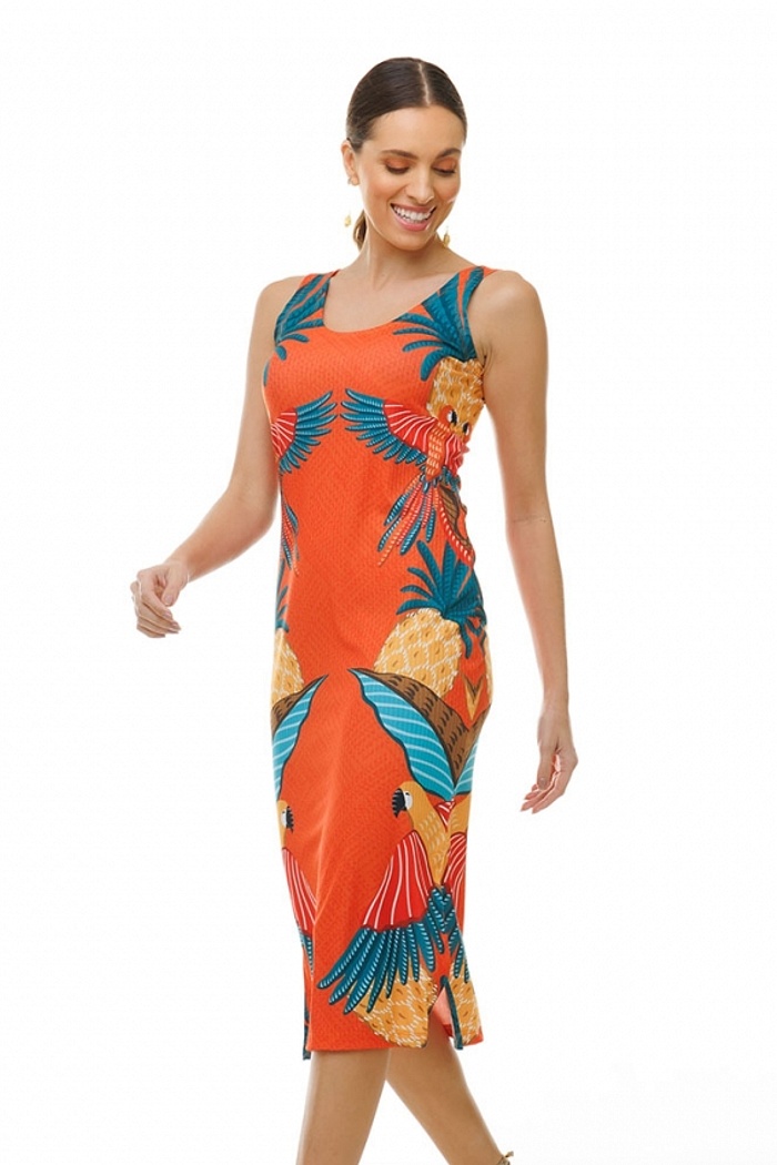 Vestido Canelado Midi Aves e Abacaxi
