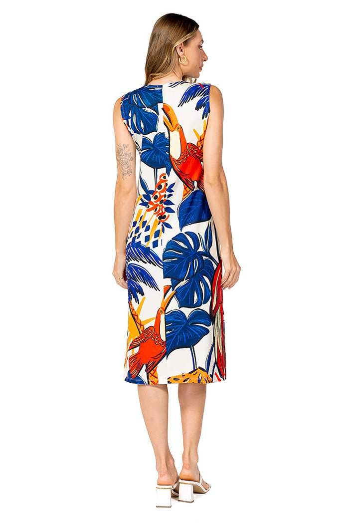 Vestido Estampado Clássico Midi Bichos Tropical Vibes Azul