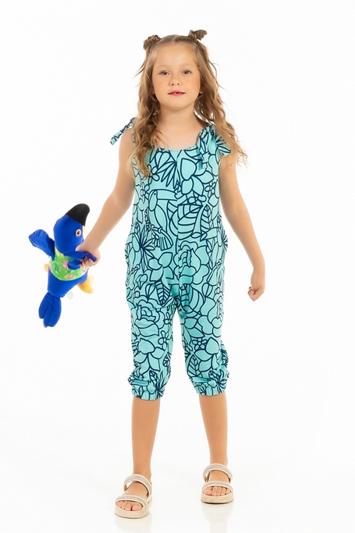 Macacão Infantil Com Bolso Tucano Flores Linhas Azul