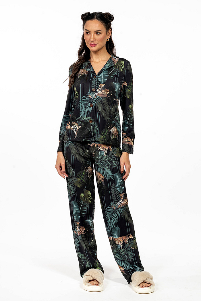 Conjunto Pijama Americano Longo Adulto Rapport Onça Folhagens