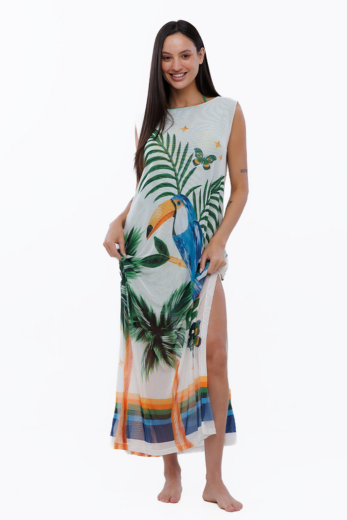 Vestido Feminino Tule Mare Estampado Elementos Br Aquarela