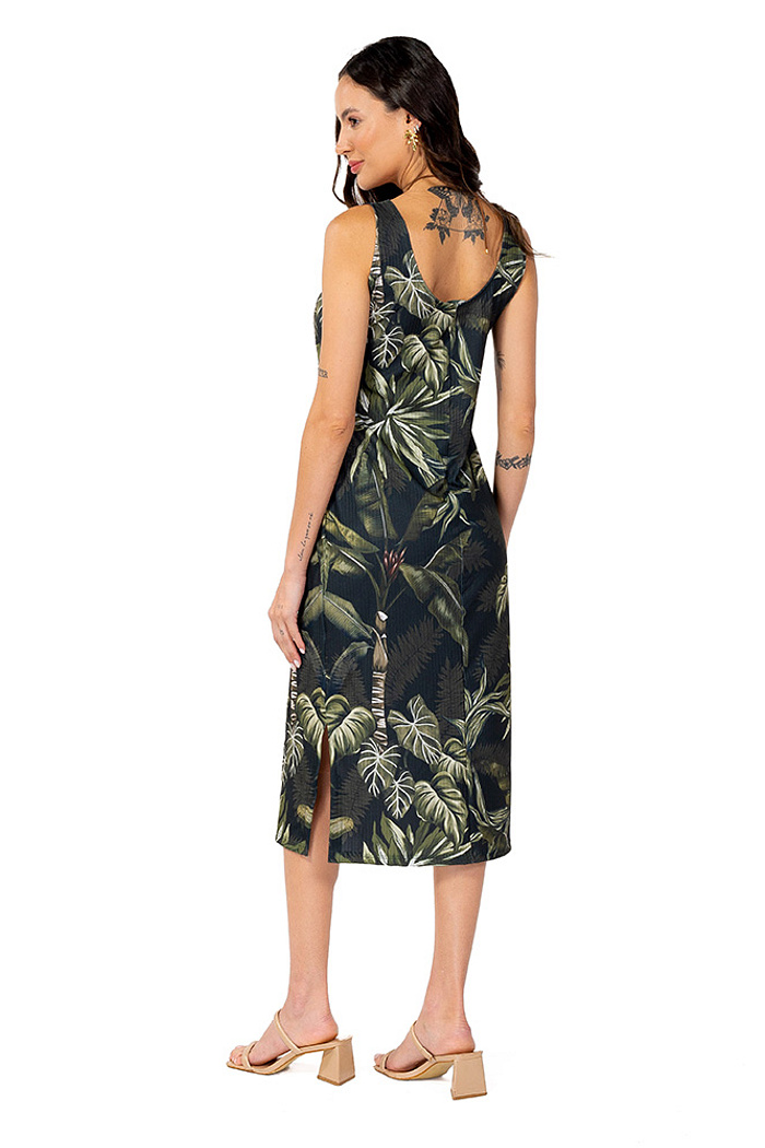 Vestido Estampado Canelado Midi Folhagens Linho Off