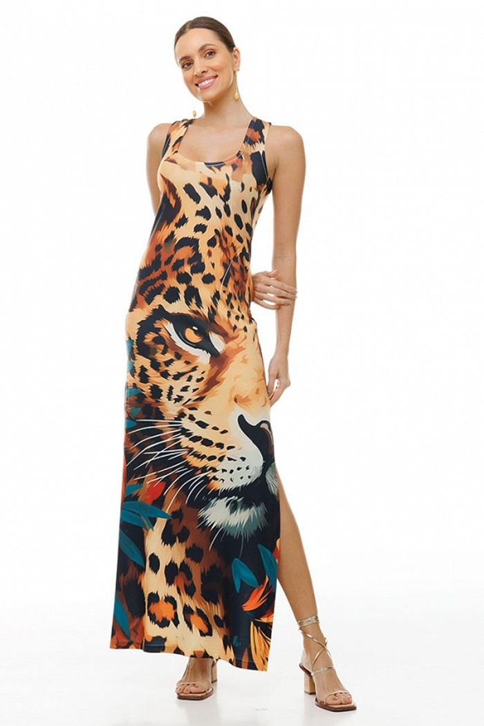 Vestido Hortência Rosto Onça Folhagem Sépia