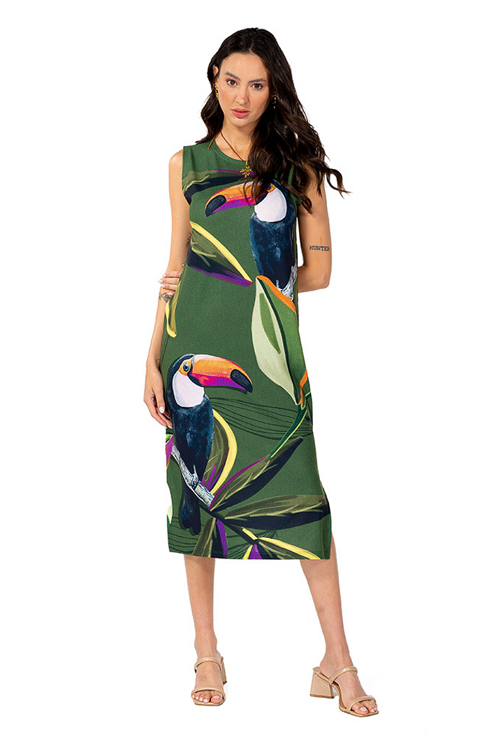 Vestido Estampado Clássico Midi Tucano Folhas Verde