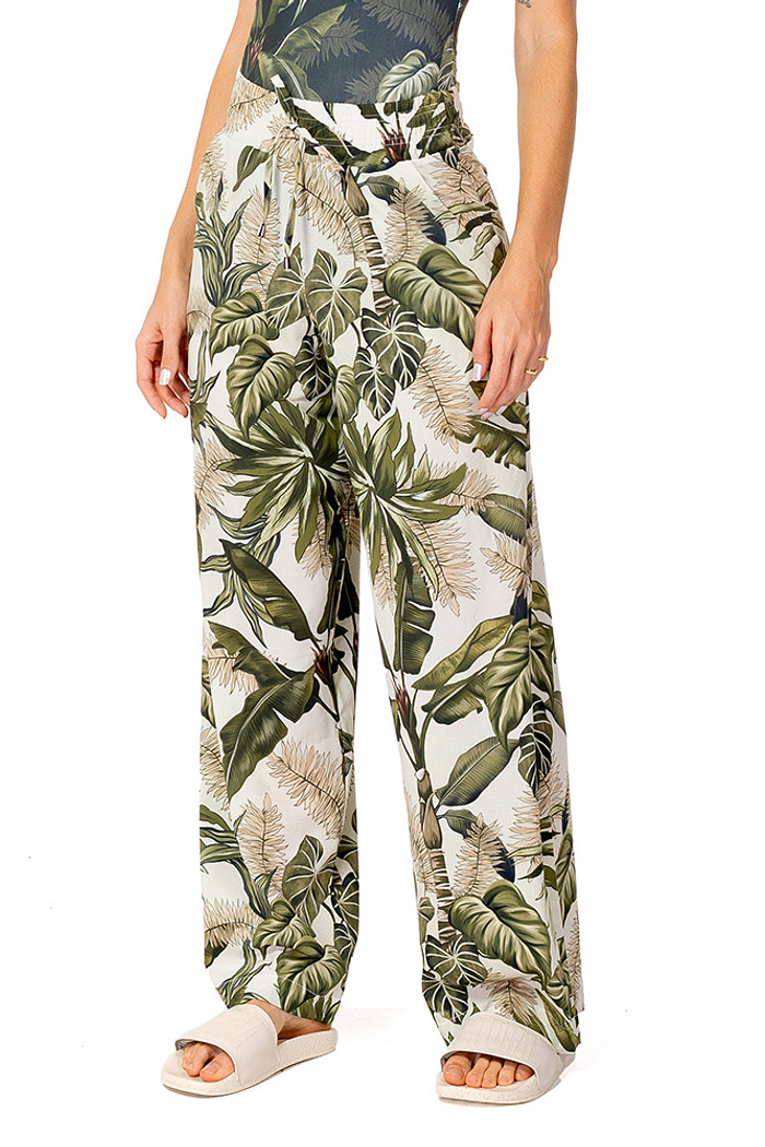 Calça Ampla Folhagens Linho Off