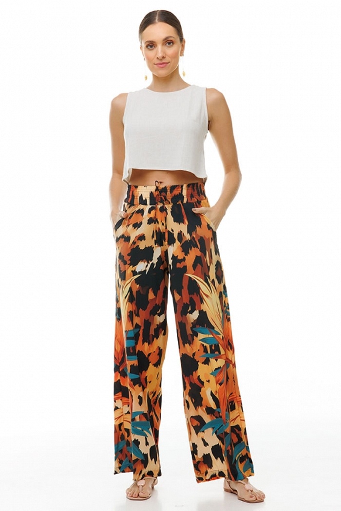 Calça Ampla Atena Rosto Onça Folhagem Sépia