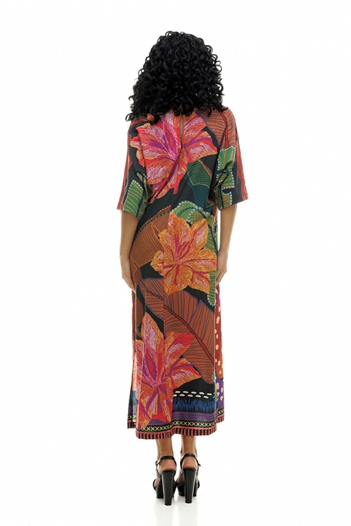 Kaftan Atena Onça Desenhada Preto Folhagens Color