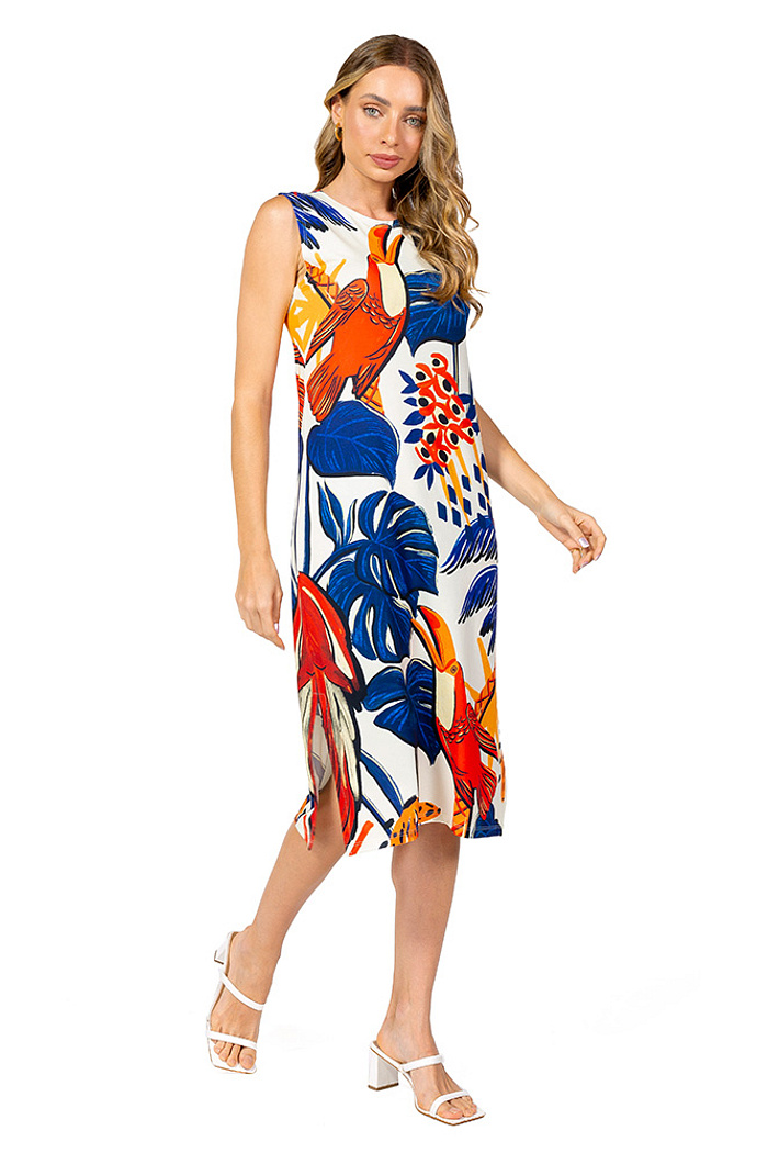 Vestido Estampado Clássico Midi Bichos Tropical Vibes Azul