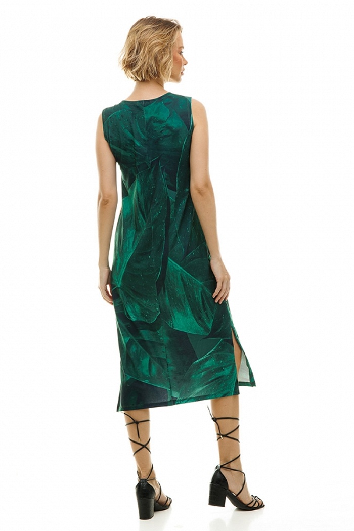 Vestido Estampado Clássico Midi Big Onça Fundo Folhagem