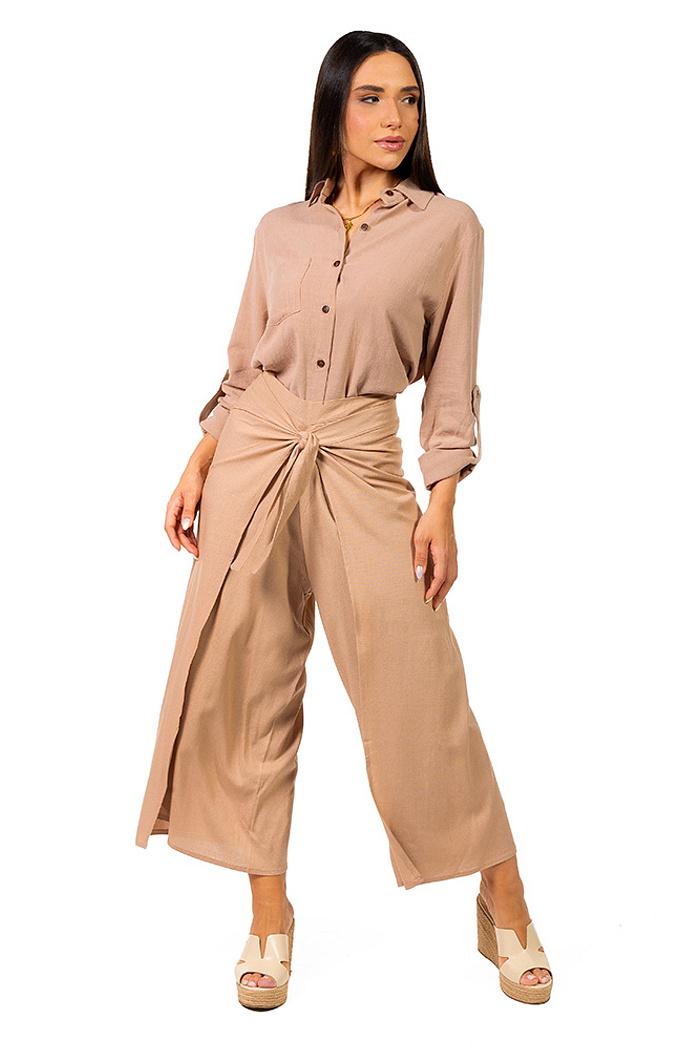 Calça Transpassada Linho Marrom