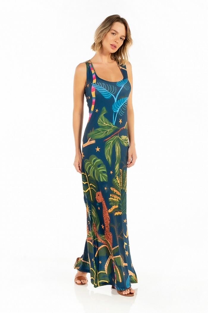 Vestido Hortência Onça Tucano Folhagens Céu