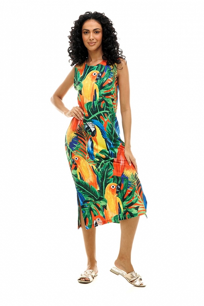 Vestido Estampado Clássico Midi Araras Fundo Vermelho