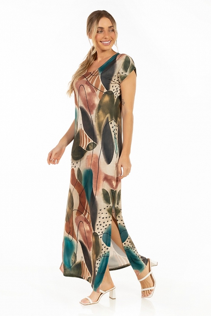 Vestido Longo Jeri Abstrato Color Traços