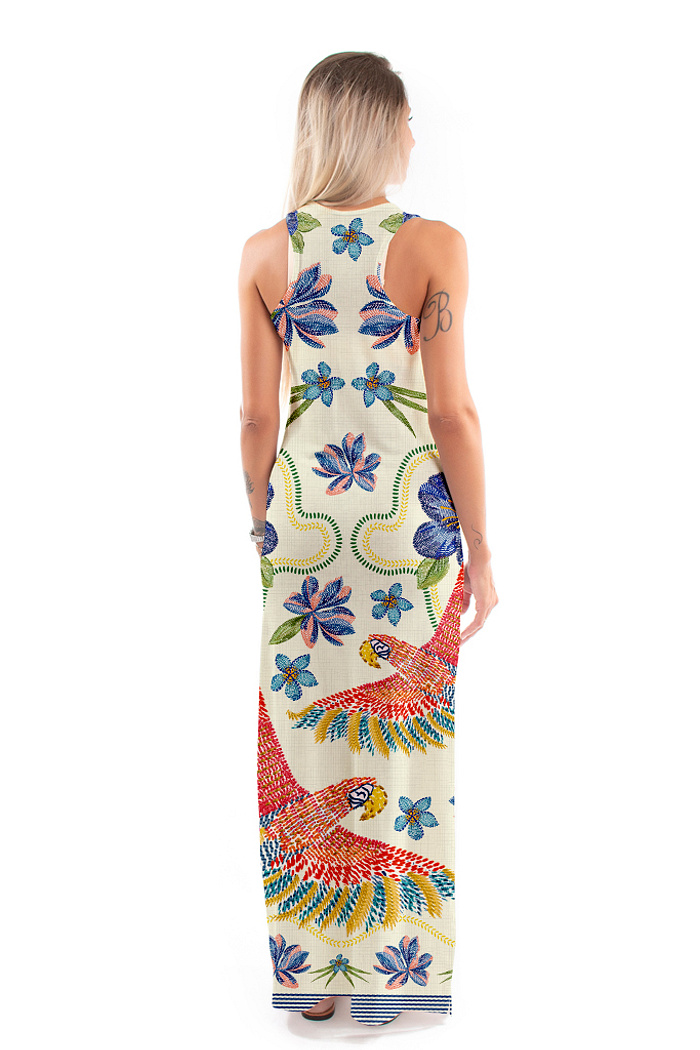 Vestido Feminino Hortência Estampado Pássaros e Flores Bordado
