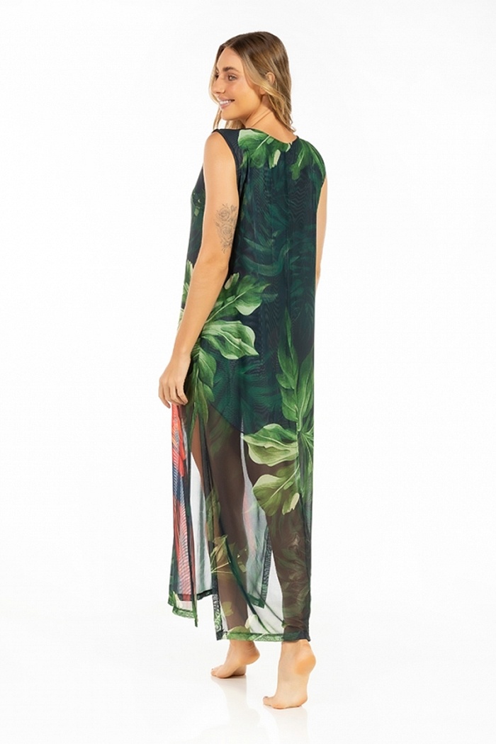 Vestido Estampado Tule Maré Casal Araras Fundo Folhagem