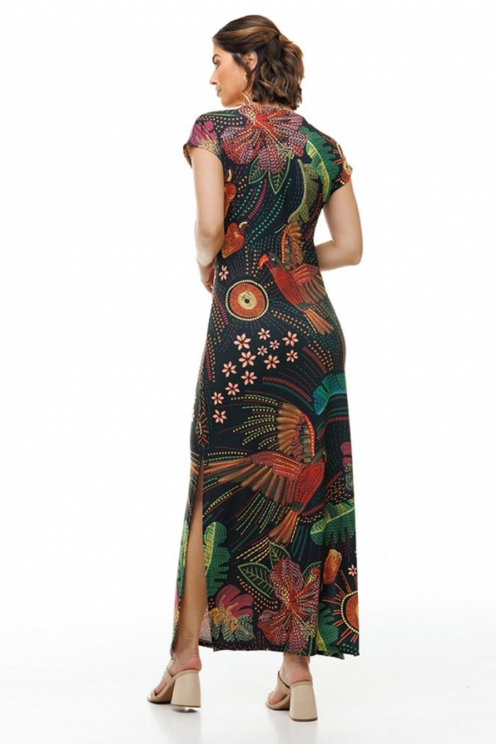 Vestido Longo Jeri Bordados Araras