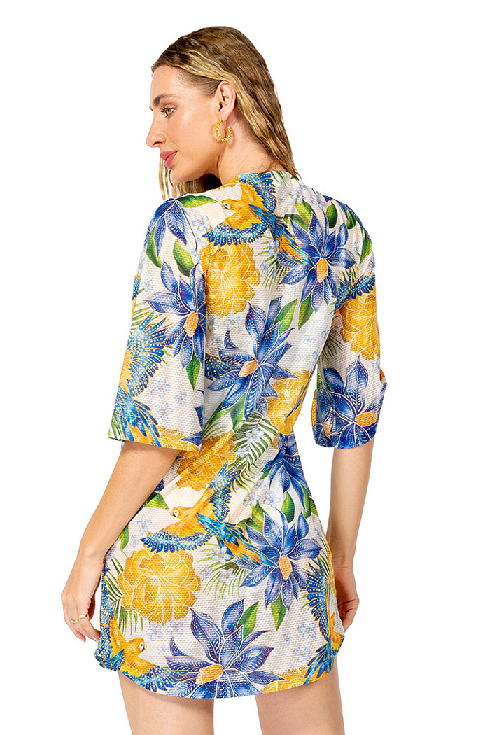 Saída de Praia Chemise Alongada Araras Flores Cores Brasil