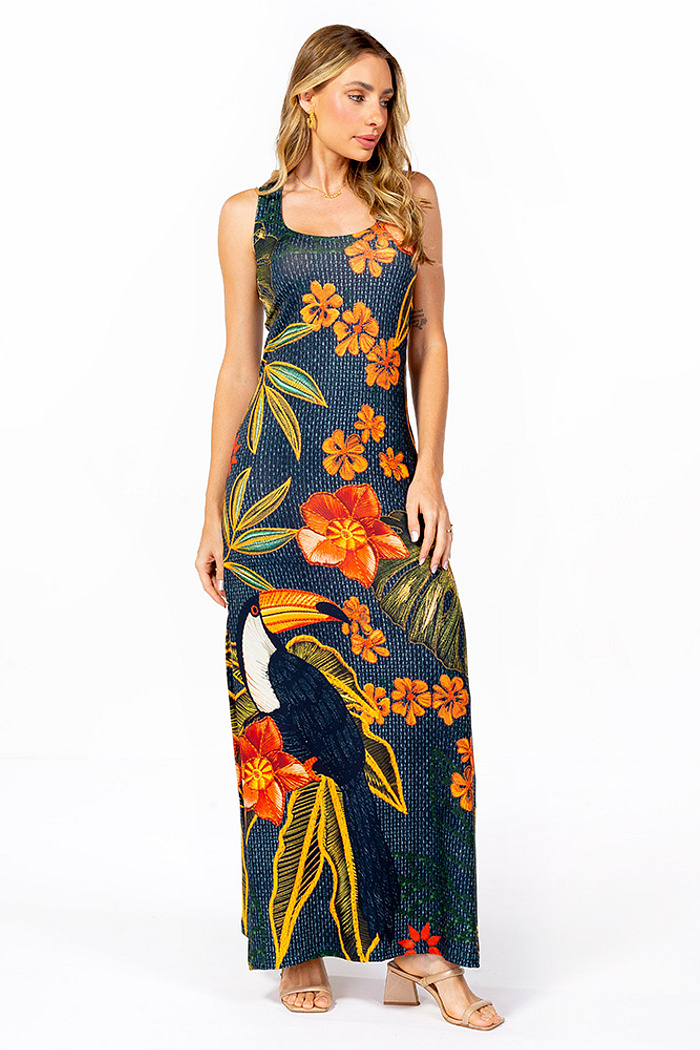 Vestido Hortência Tucano e Folhas