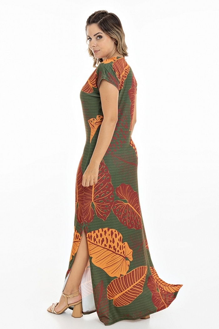 Vestido Longo Jeri Folha Vermelha Textura Verde