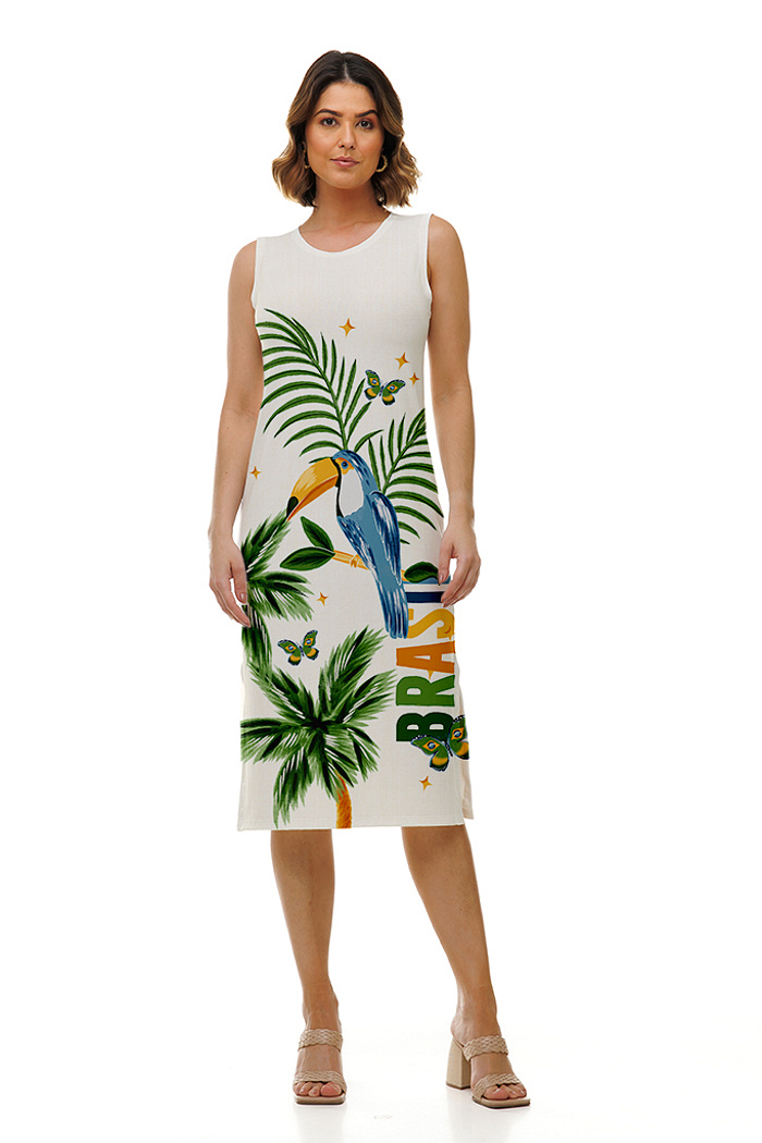 Vestido Feminino Clássico Midi Estampado Elementos Br Aquarela