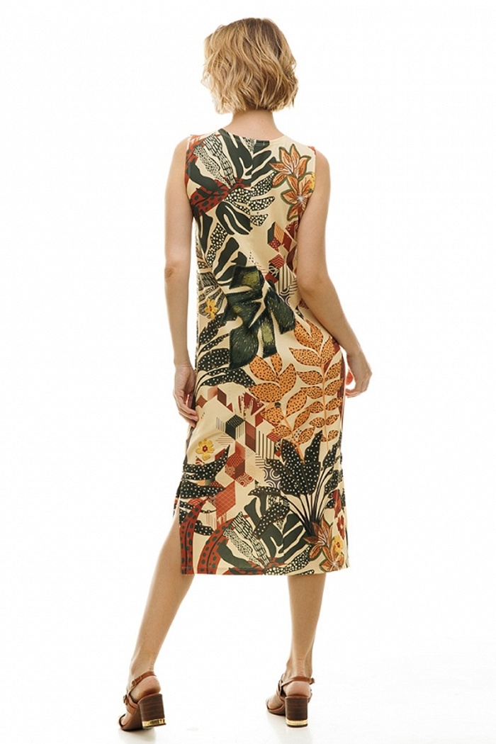 Vestido Estampado Clássico Midi Tucano e Folhas Geométricas