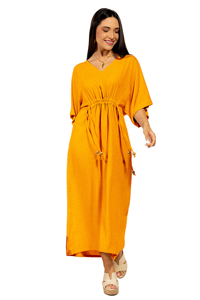 Vestido Linho Regulável Marcela Mostarda