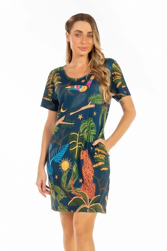 Vestido Floresta Onça, Tucano Folhagens Céu