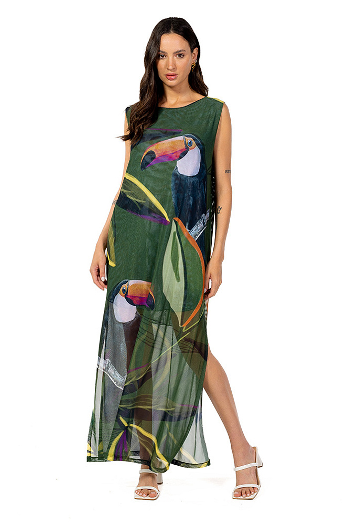 Vestido Estampado Tule Maré  Tucano Folhas Verde