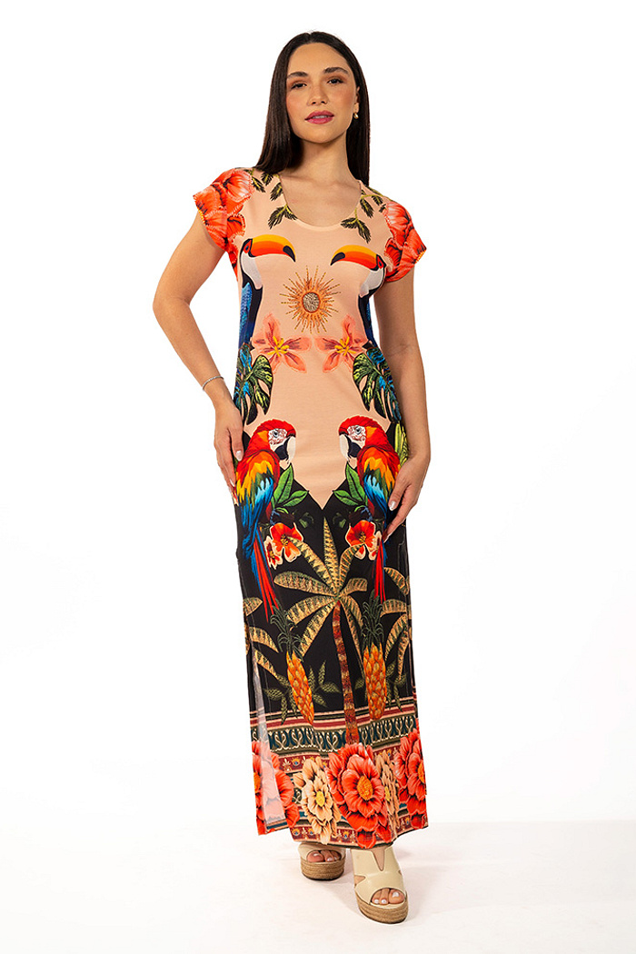 Vestido Longo Jeri Aves Tropicais Barrado