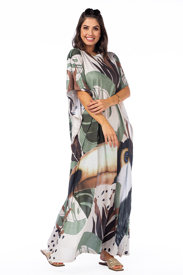 Vestido Feminino Kaftan Hibisco Estampado Tucano Folhagem Pontinho