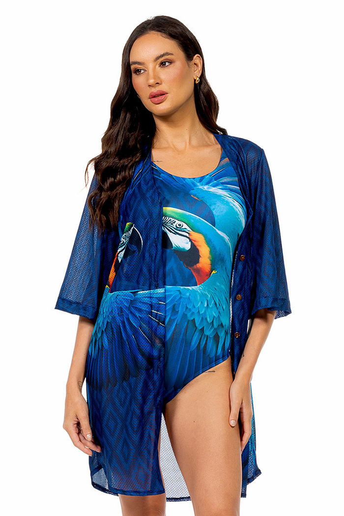 Saída de Praia Chemise Alongada Maxi Arara Fundo Azul