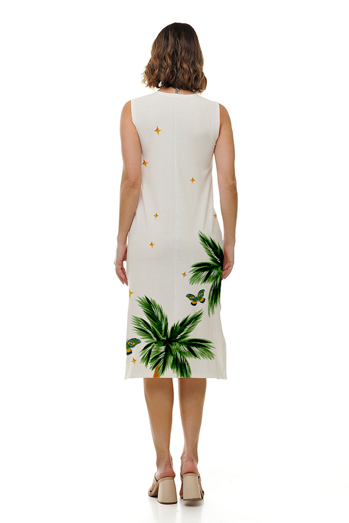 Vestido Feminino Clássico Midi Estampado Elementos Br Aquarela