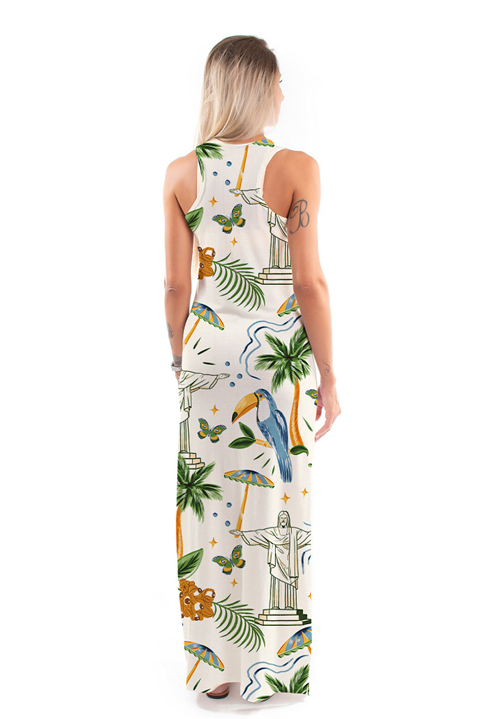 Vestido Feminino Hortência Estampado Elementos Br Aquarela