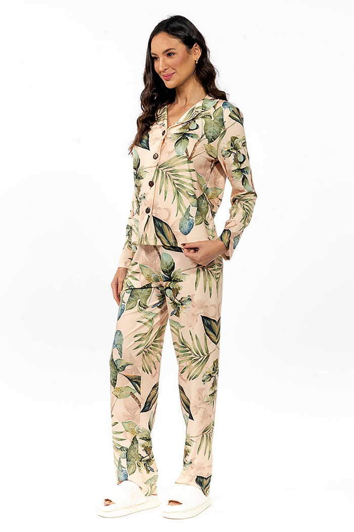 Conjunto Pijama Americano Longo Adulto Folhagens Verde