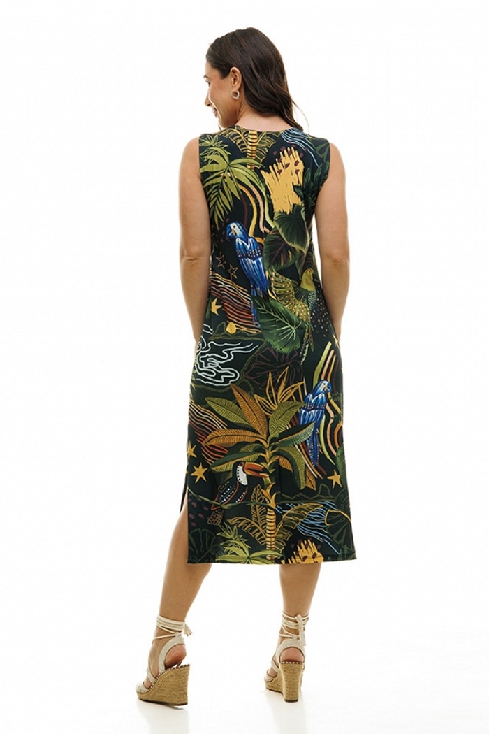 Vestido Estampado Clássico Midi Aves Folhagem Fundo Escuro