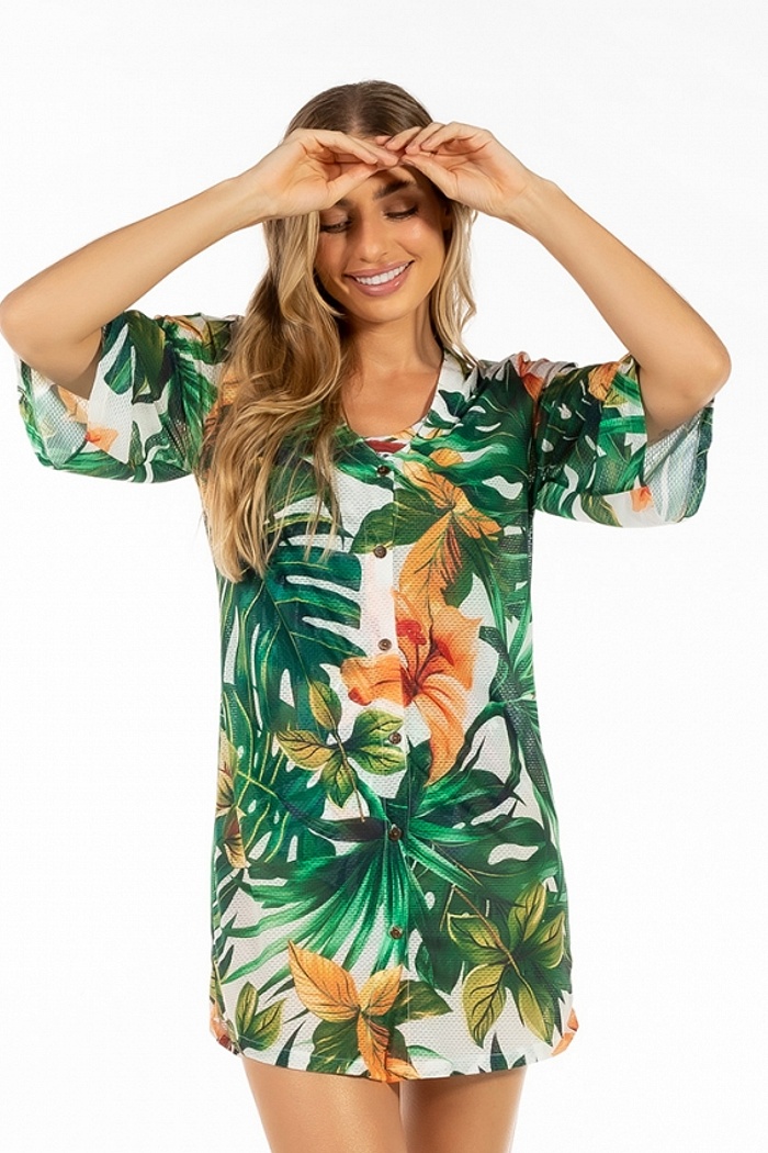 Saída de Praia Chemise Alongada Arara Folhas