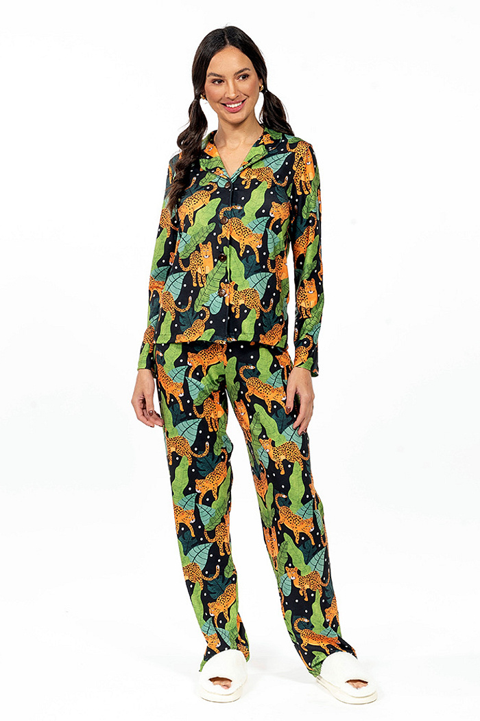 Conjunto Pijama Americano Longo Adulto Onças Folhas Poa