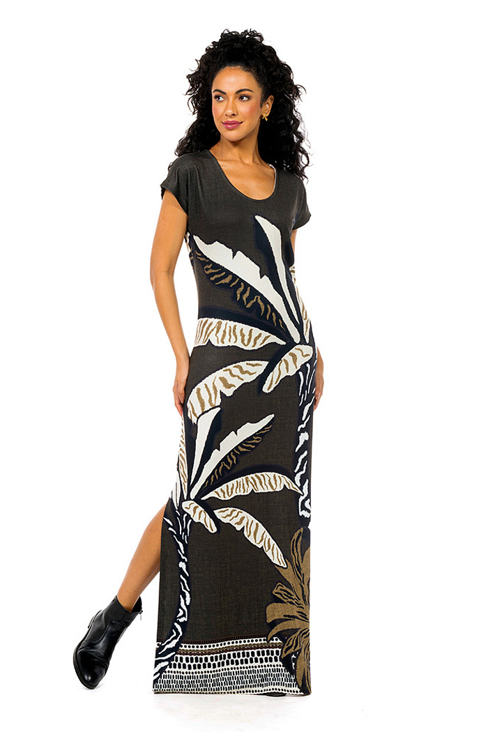 Vestido Longo Jeri Folhagens P&B