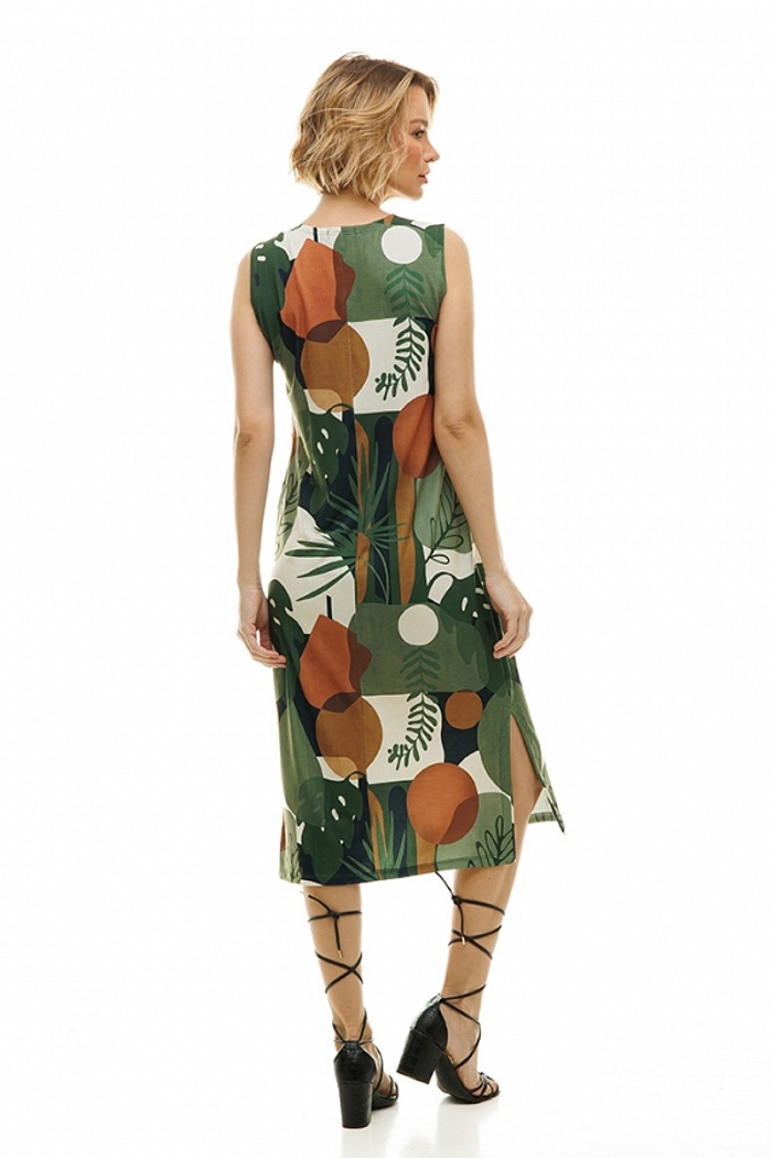 Vestido Estampado Clássico Midi Sol Folhas Abstrato
