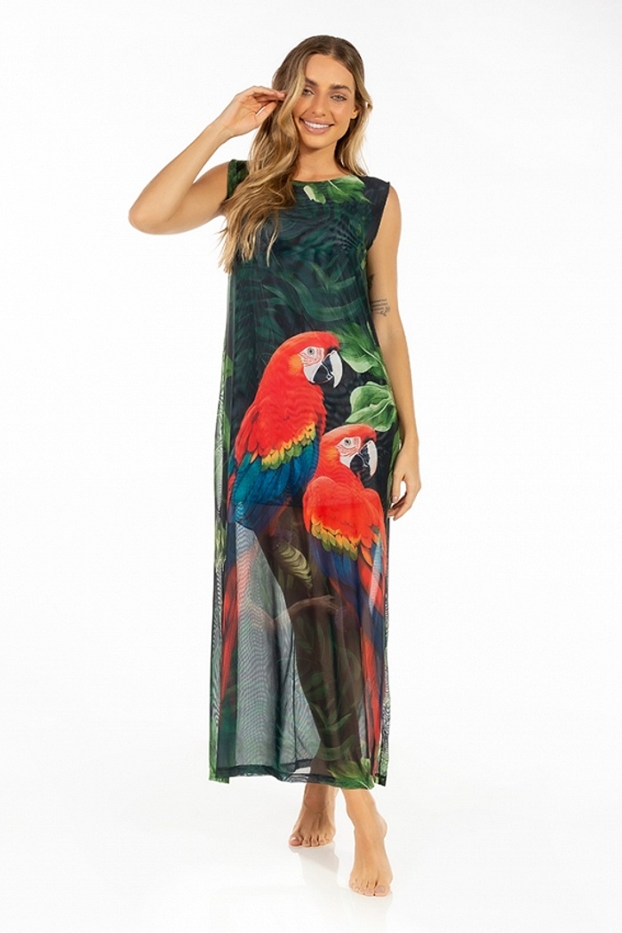 Vestido Estampado Tule Maré Casal Araras Fundo Folhagem