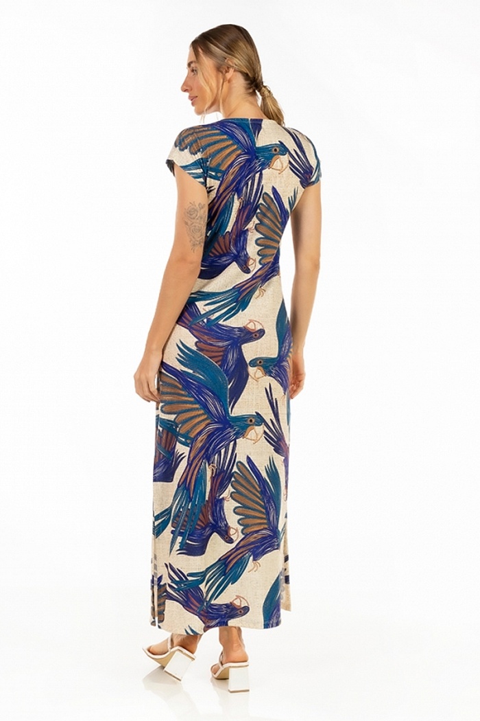 Vestido Longo Jeri Arara Roxa Bordado